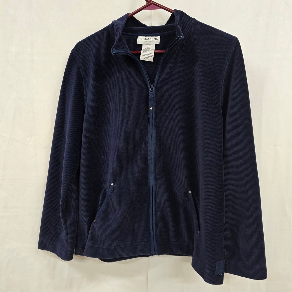 Sag Harbor Corduroy Full Zip Jacket Mock‎ Neck Petite Navy Blue F62150 Women PL
